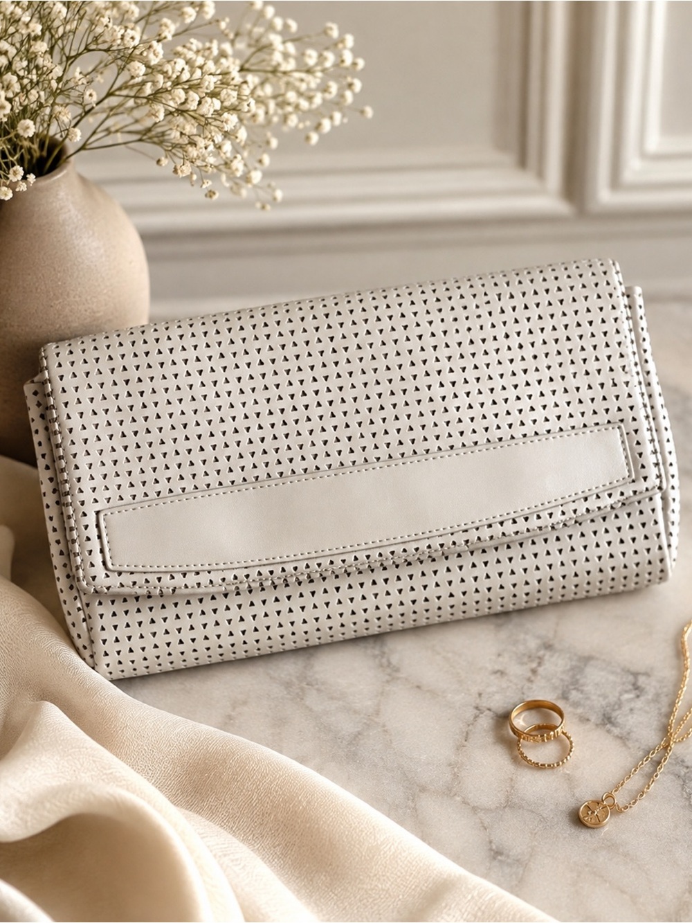 Lauren Merkin Gray Perforated Leather Clutch Bag Foldover Minimalist